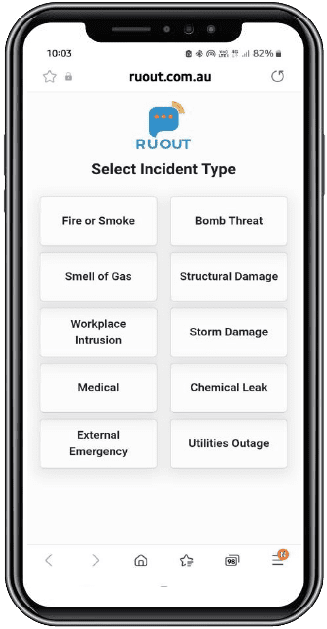 Select Incident Type / R U Out / Emergency Management App / Building Evacuation Process